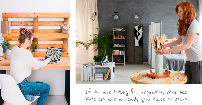 Two images, one of girl looking at images on laptop and the one of girl busy decorating flowers in a vase